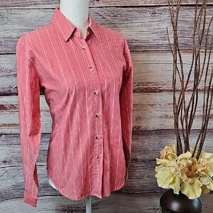 NEW COUNTRY CLUB PETITE MUTED RED STRIPED LONG SLEEVE BUTTON-UP SHIRT BLOUSE